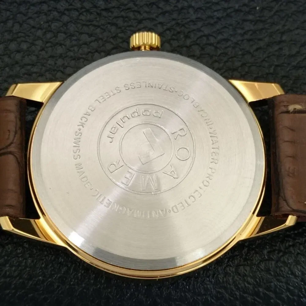 Vintage 1977 Roamer Manual Mens Gold Watch W/Leather Strap & Red accents